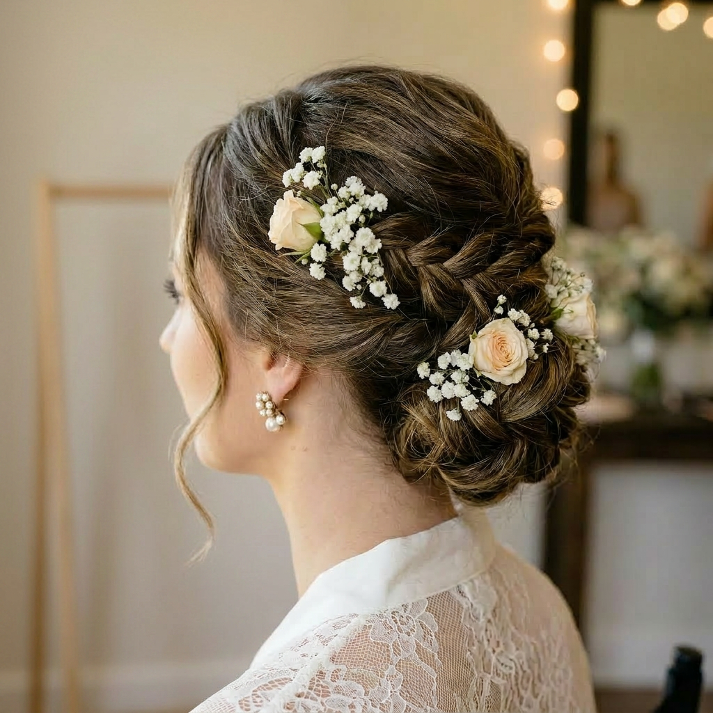 Bride having eye makeup applied by makeup artist in bridal suite