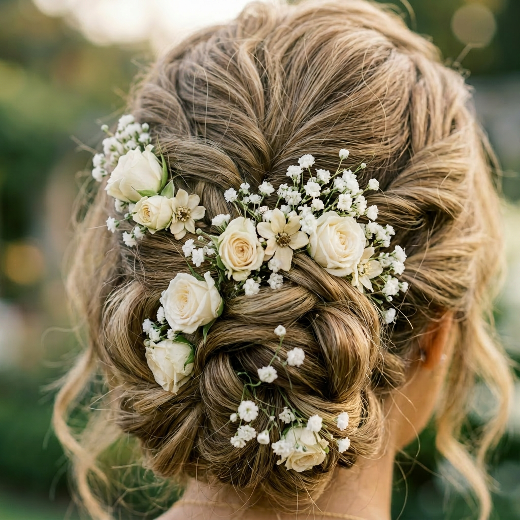 Bride with styled hair adorned by white roses and baby's breath wearing a lace wedding dress