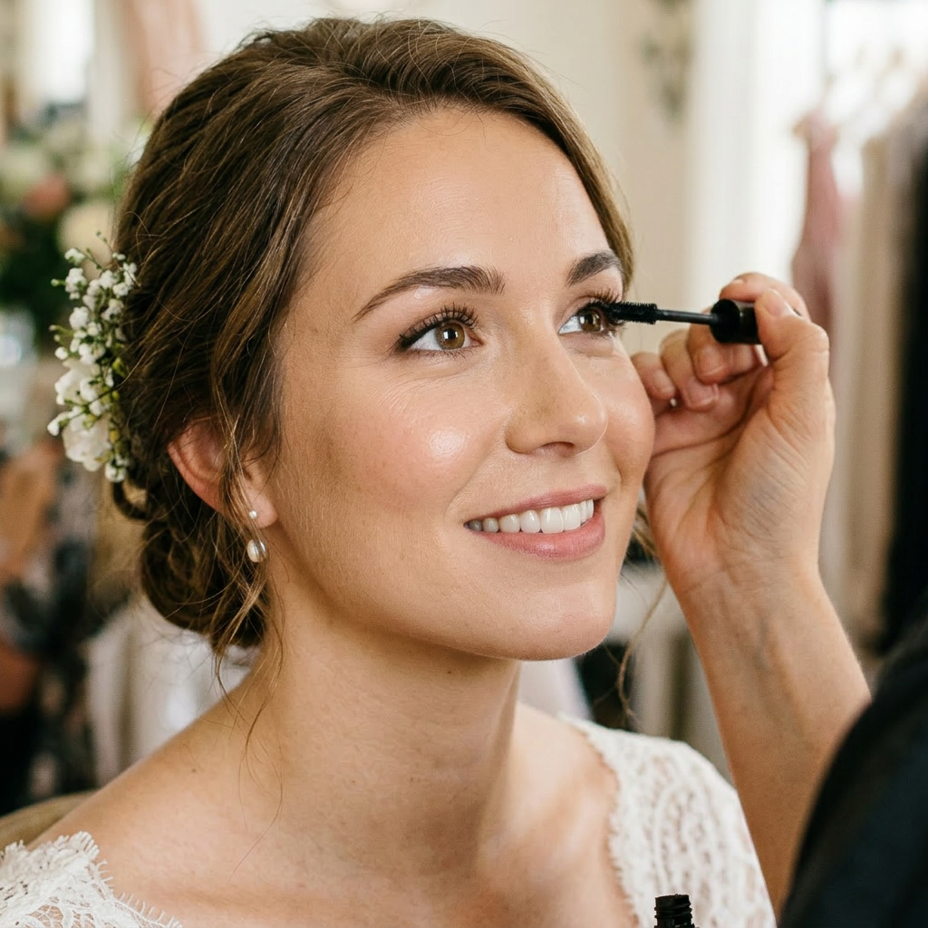 Bride having mascara applied by makeup artist