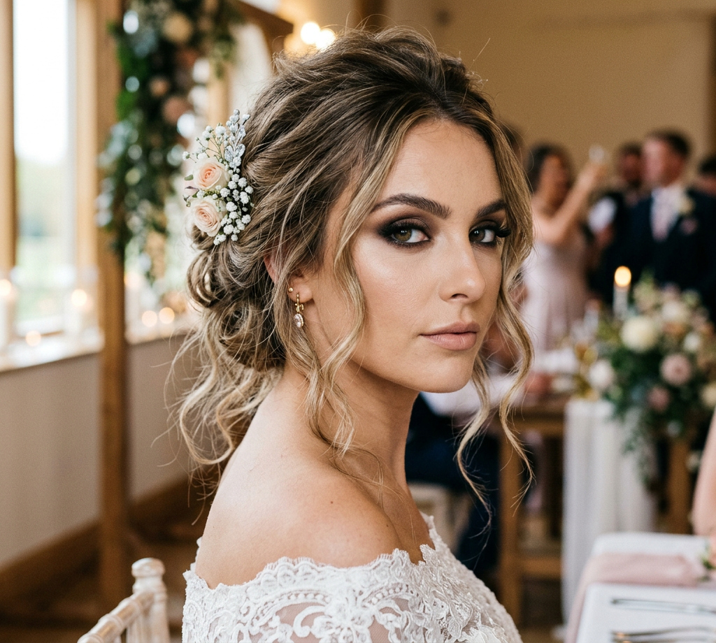 Bride with curly hair and floral hairpiece wearing lace dress at wedding reception