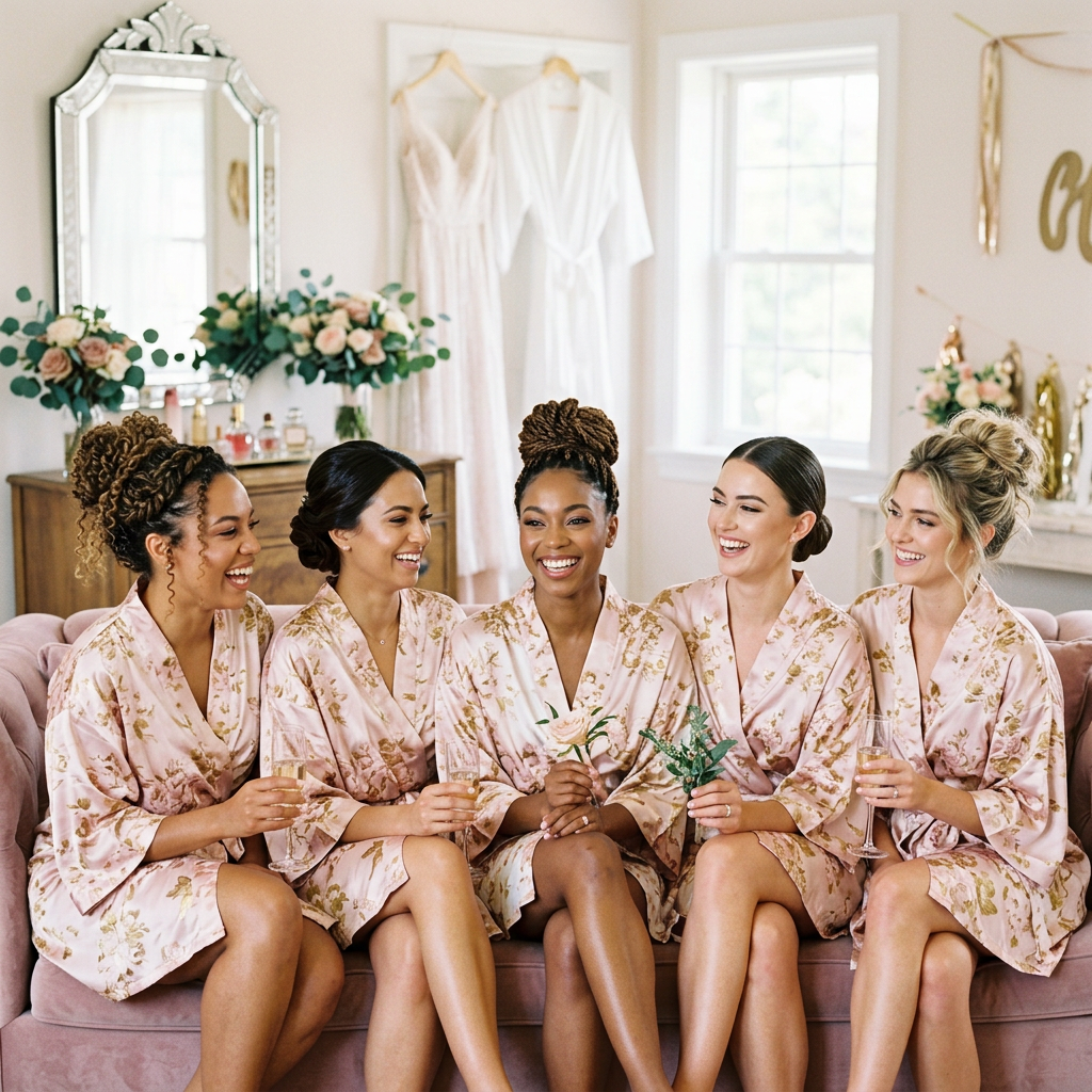 Five bridesmaids in robes with updos makeup